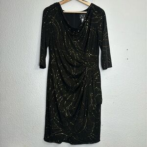 Alex Evenings Women’s Size 8 Black Gold 3/4 Sleeve Midi Knee Length Dress